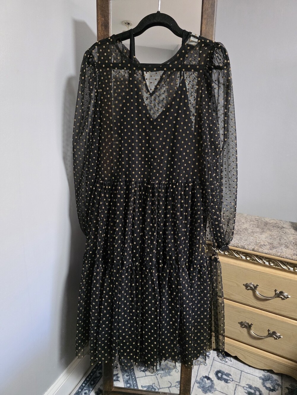 H&M Black Sheer Polka Dot Tiered Dress